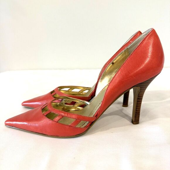 Nine West Red Coral Leather Cutout D'Orsay Bertha Pumps Size 8 - Picture 7 of 9